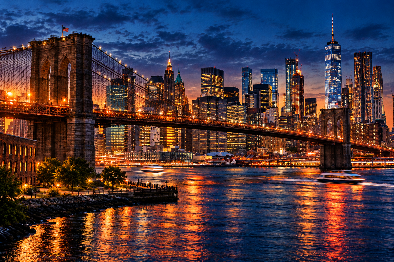 Illustrative New York skyline and bridge at blue hour, with vivid city lights and river reflections