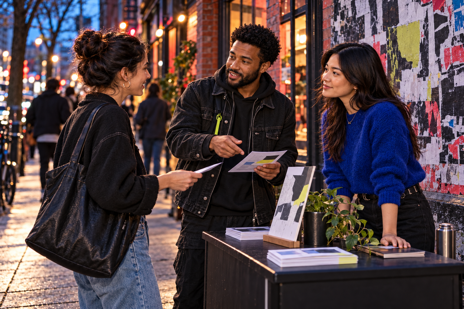 Illustrative street team sharing flyers with a visitor at a colorful evening pop-up beside a textured poster wall